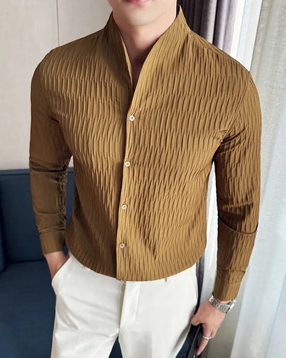 Textured Grandad Collar Long Sleeve Shirt