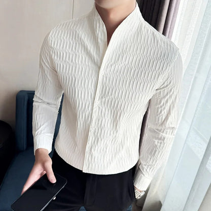 Textured Grandad Collar Long Sleeve Shirt