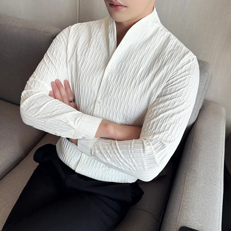 Textured Grandad Collar Long Sleeve Shirt