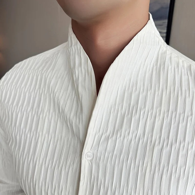 Textured Grandad Collar Long Sleeve Shirt