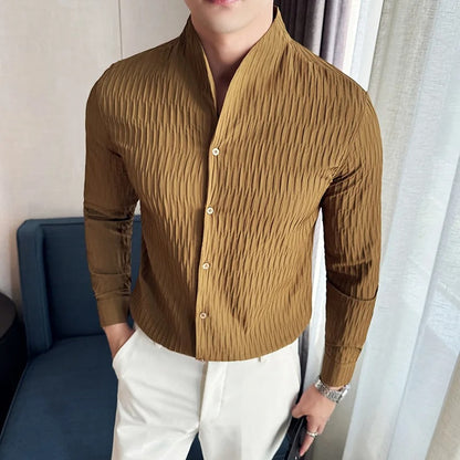 Textured Grandad Collar Long Sleeve Shirt