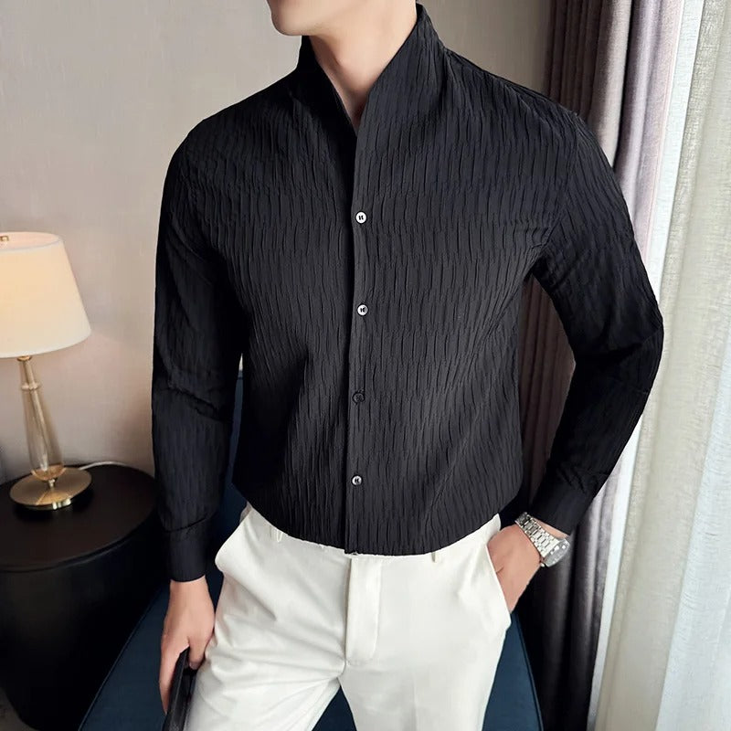 Textured Grandad Collar Long Sleeve Shirt