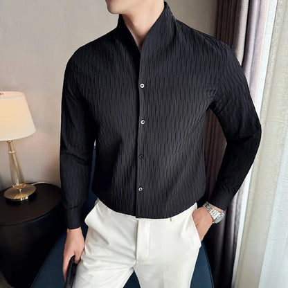 Textured Grandad Collar Long Sleeve Shirt