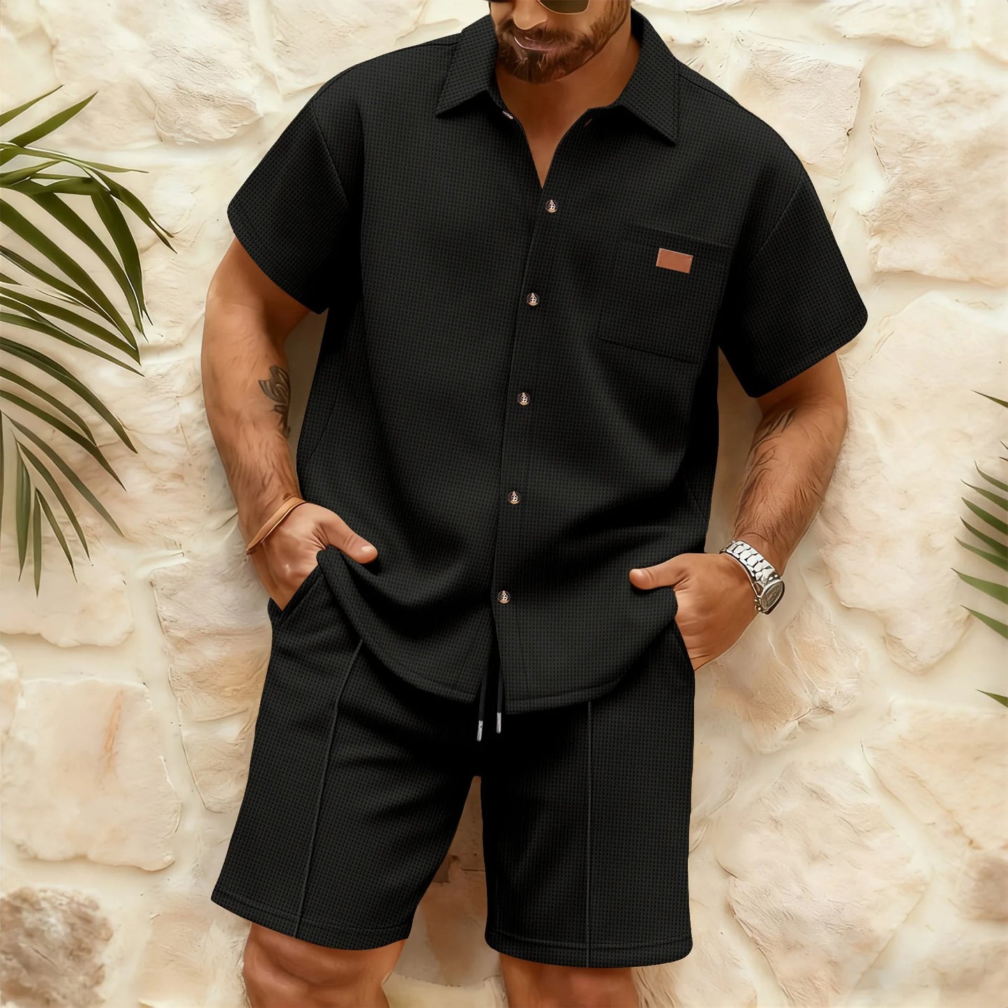 Leo Waffle-Textured Shirt & Shorts Co-Ord Set